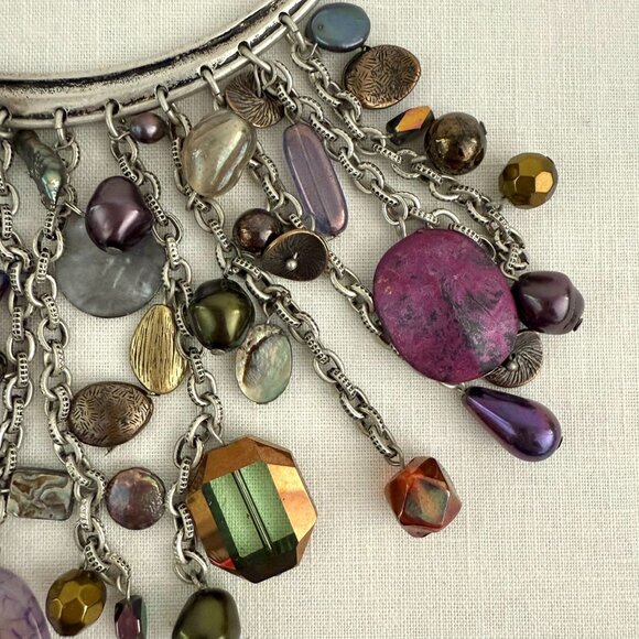Chicos Necklace 15 to 19in Genuine Shell Multi Bead Silver Tone Statement Collar - Picture 8 of 13